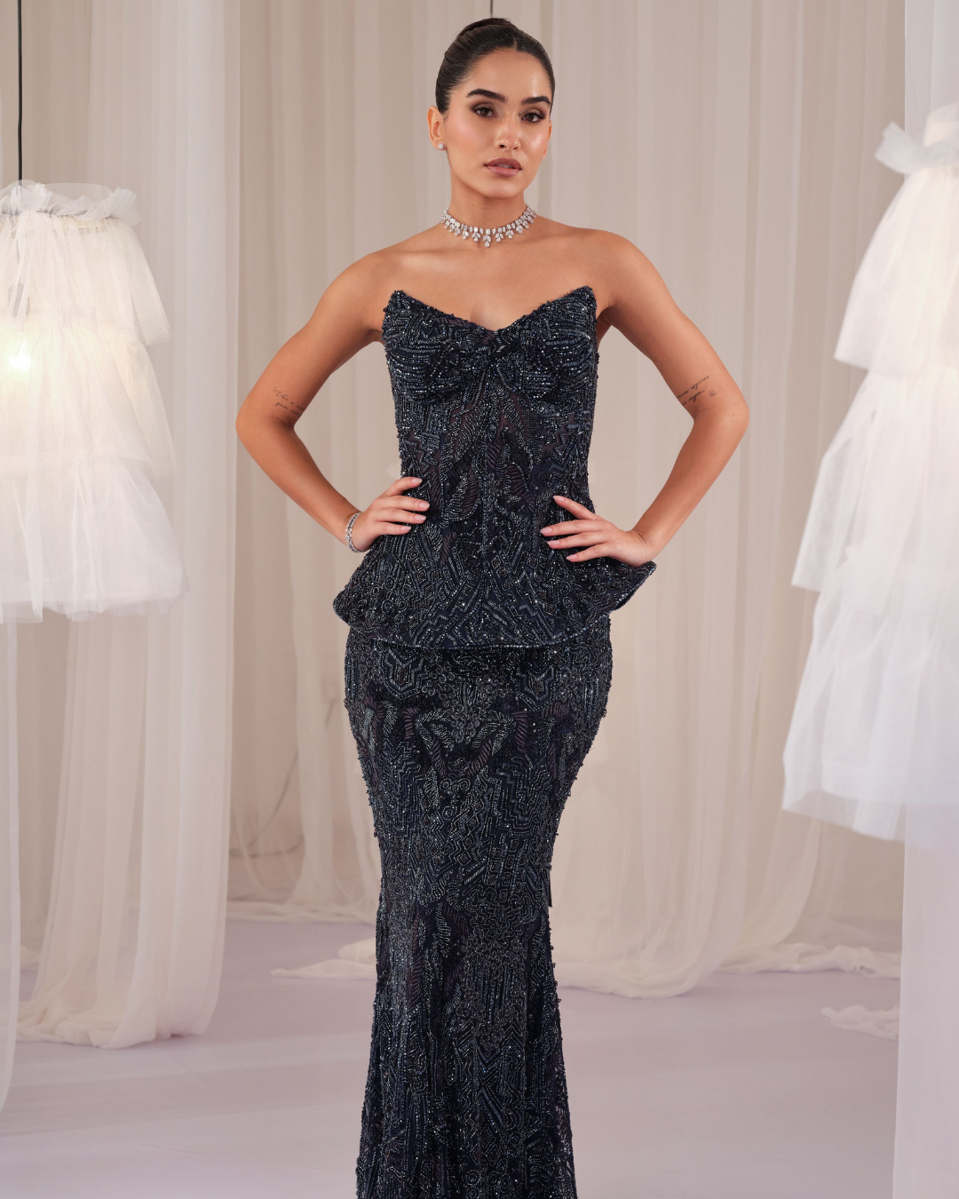 K&A By Karishma And Ashita - Midnight Blue Embellished Corset With Pencil Skirt From First Love