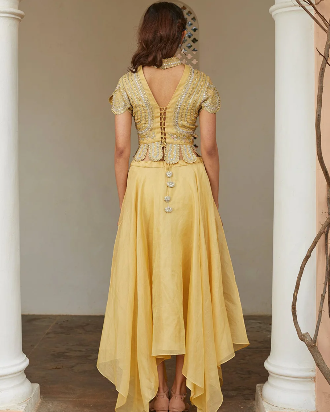 Osaa By Adarsh - Taupe Lemon Optical Embroidered Top and Skirt From RASM