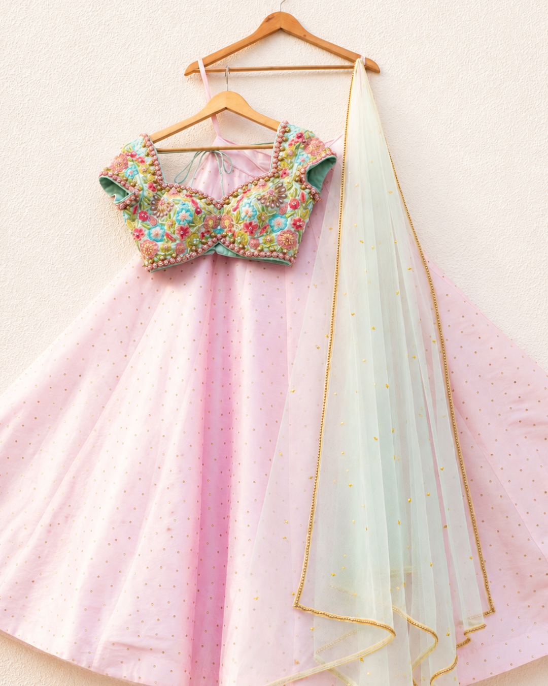 Anisha Shetty - Pink Stonework Lehenga With Sky Blue Embroidered Blouse With Pink Dupatta