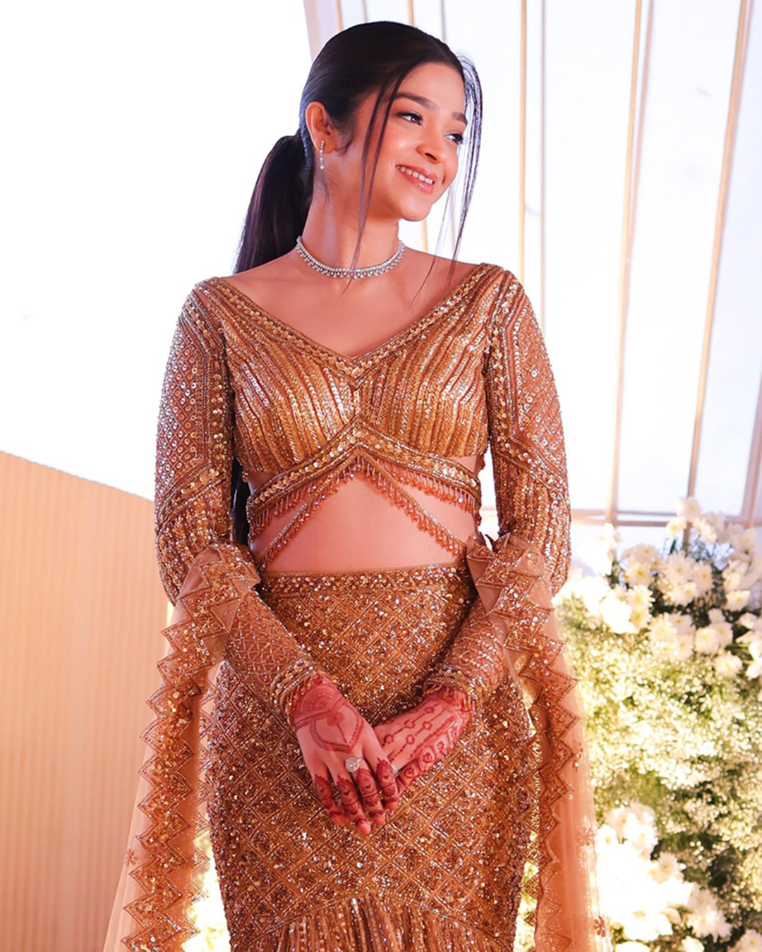 Isa by Dolly Wahal - Antique Gold Net Cutdana & Crystal Embroidered Fishcut Lehenga Set