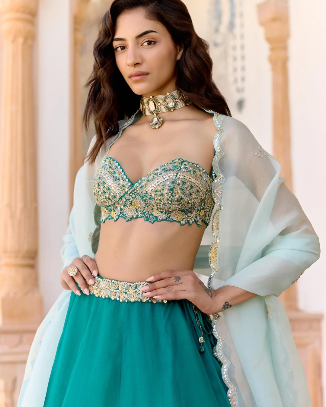 Osaa By Adarsh - Pine Green Jaal Embroidered Lehenga Set From SAFAR
