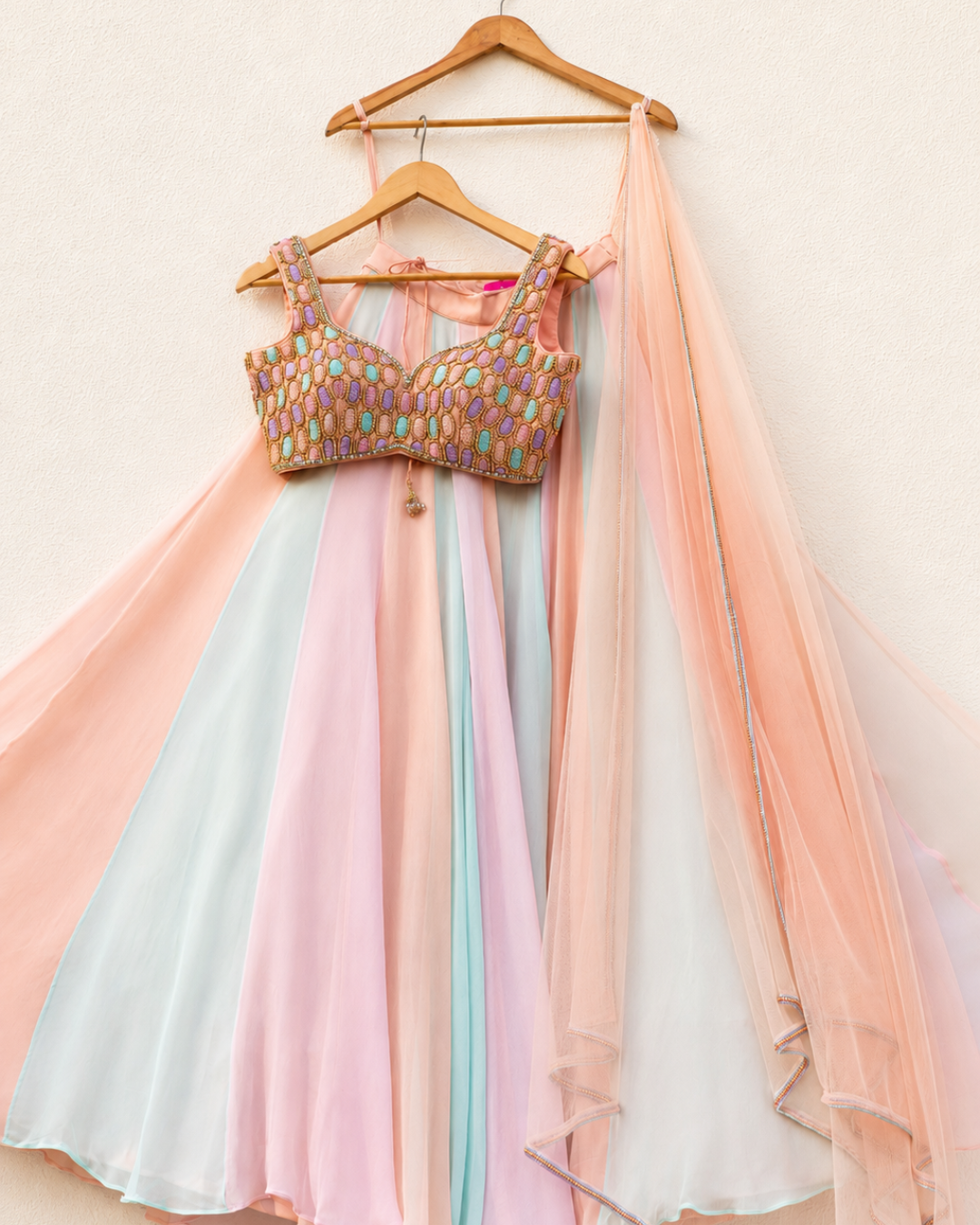 Anisha Shetty - Peach Oval Multicolour Cutdana Blouse With Multicolour Lehenga Set