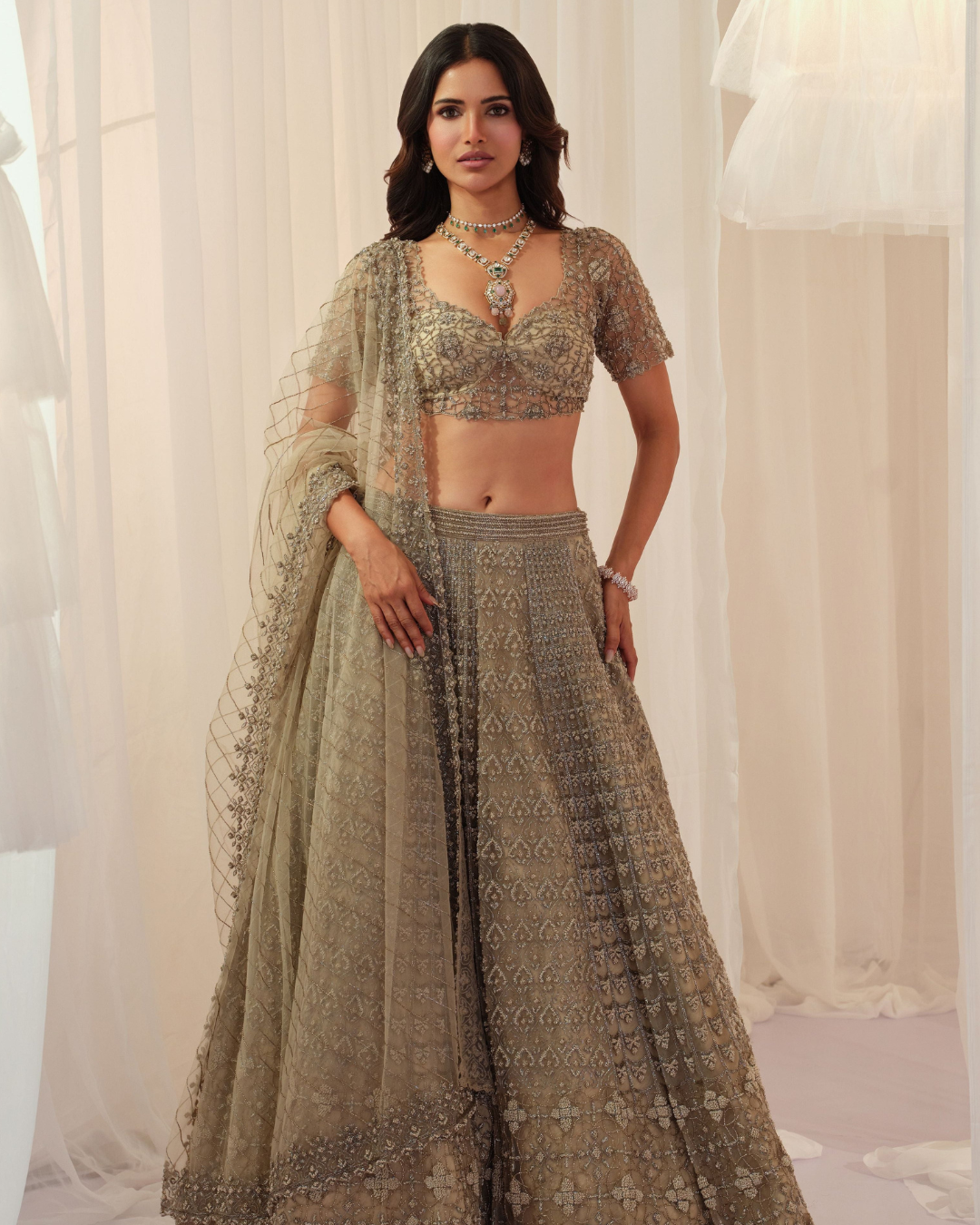 K&A By Karishma And Ashita - Beige French Knot Embellished Lehenga With Blouse & Dupatta From First Love
