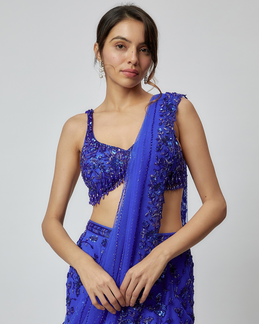 Isa by Dolly Wahal - Electric Blue Net Embroidered Fish-Cut Lehenga Set