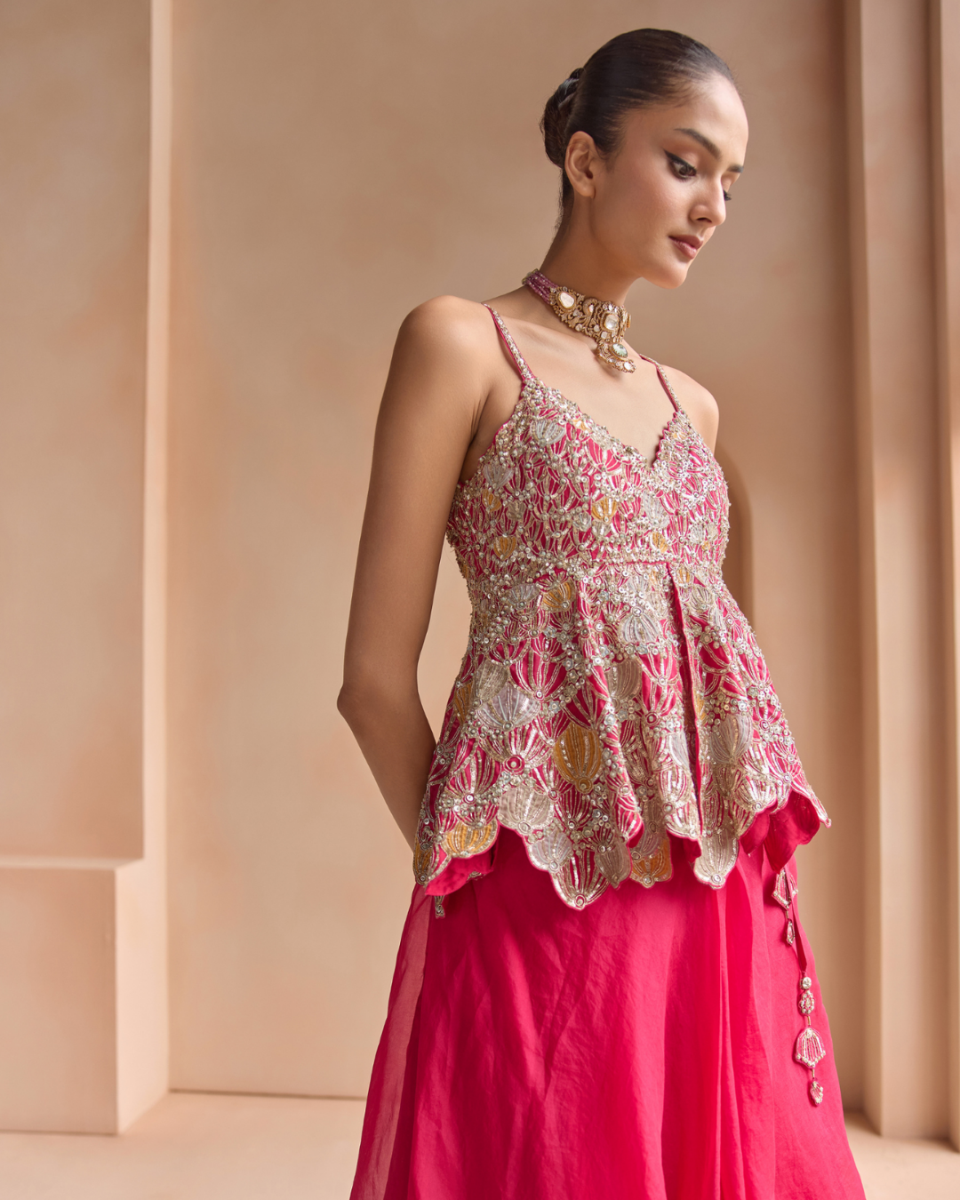 Osaa By Adarsh - Cut Ruby Embroidered Peplum and Skirt Set From Off The Record