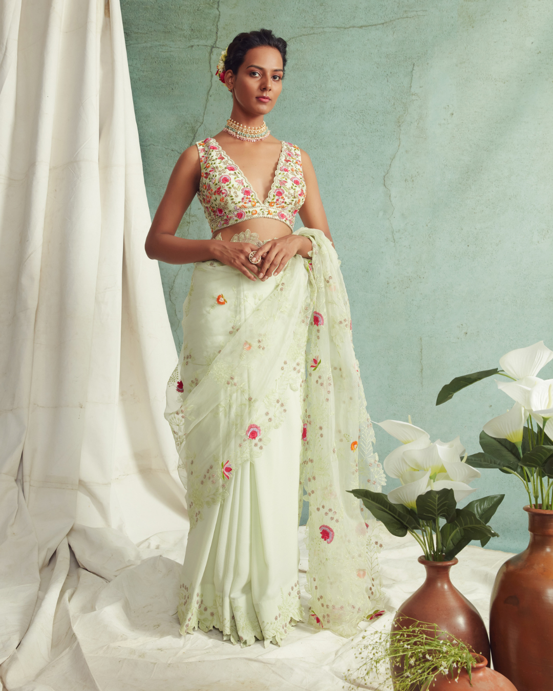 Priyanka Jain - Saree With V Neck Embroidered Blouse From Love Of Tomorrow