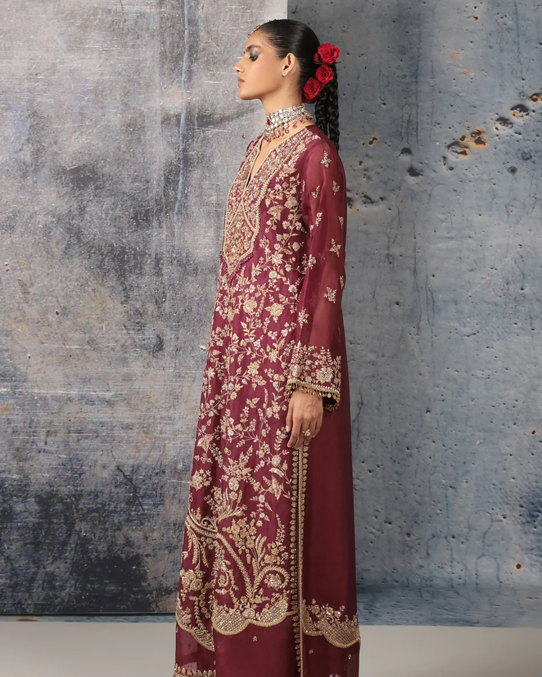 Niti Bothra - Zar-Rang Wine Long Jaal Kurta Set