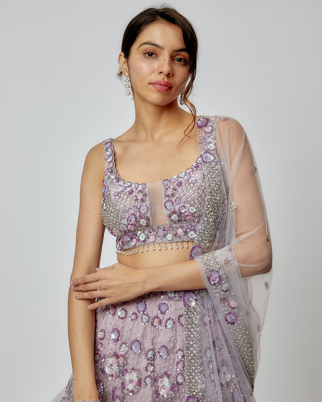 Isa by Dolly Wahal - Lilac Net Embroidered Lehenga Set