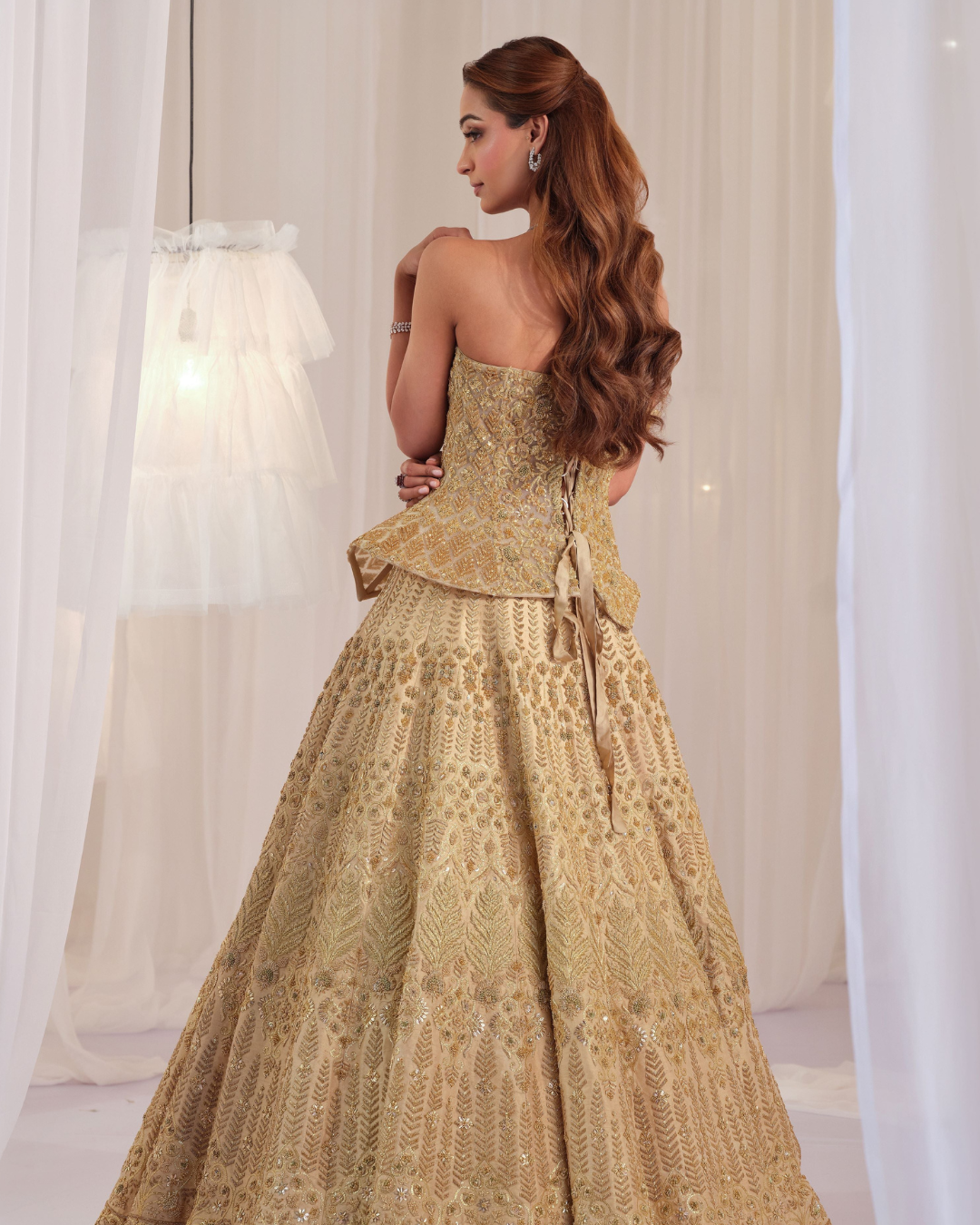 K&A By Karishma And Ashita - Gold Hand Embellished Sculpted Corset With Raw Silk Lehenga & Dupatta From First Love