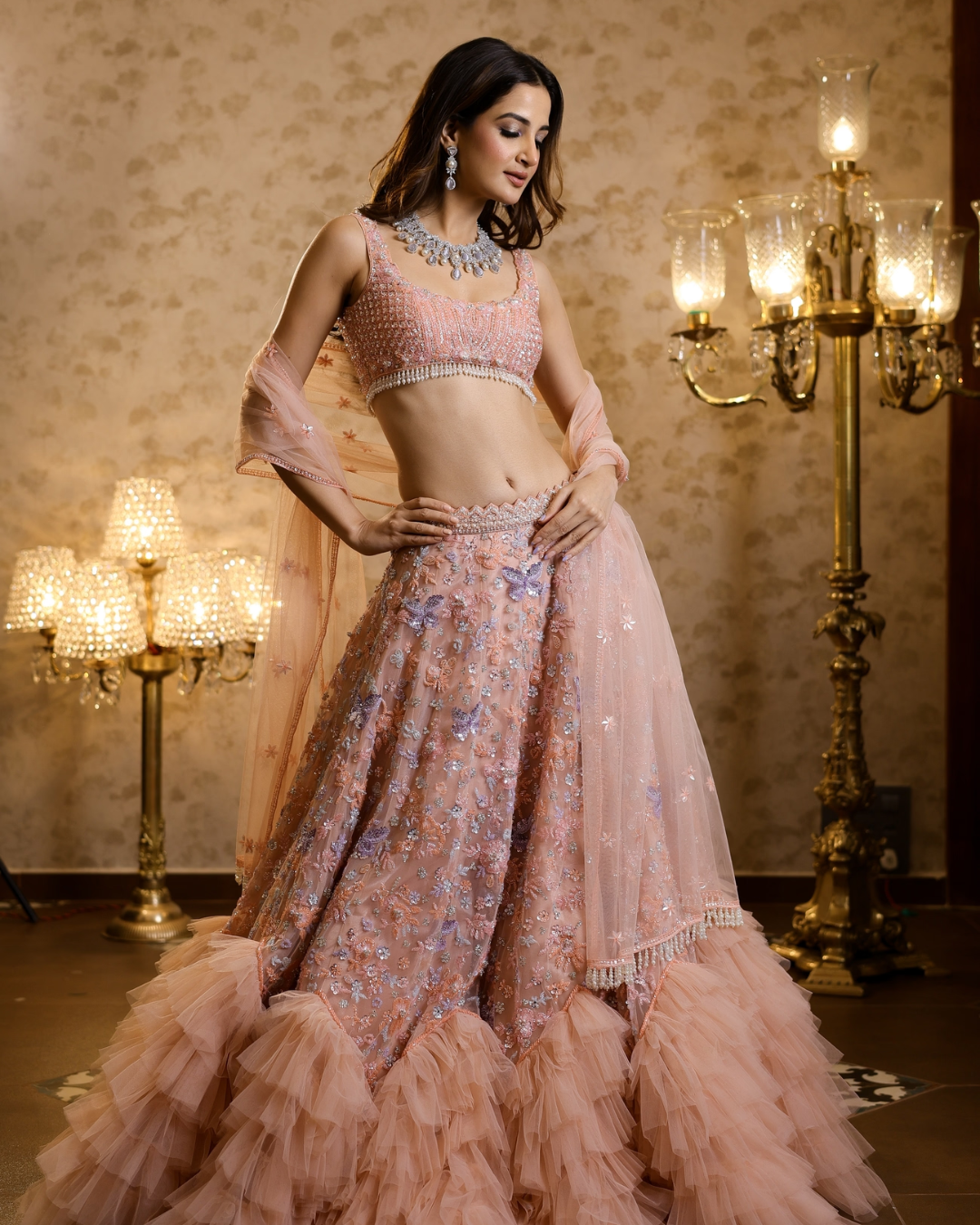 Isa by Dolly Wahal - Peach Frill Lehenga From Fiori