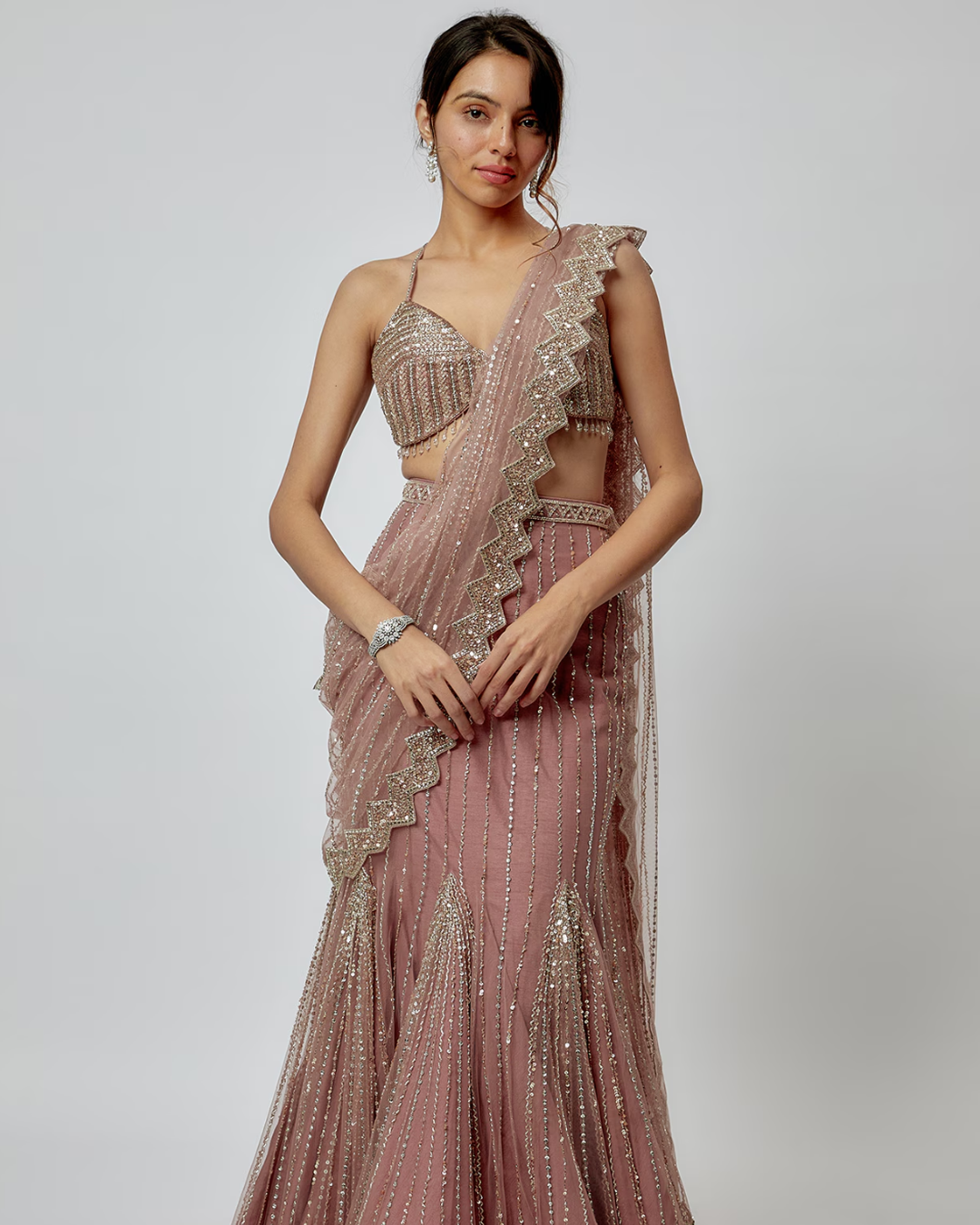 Isa by Dolly Wahal - Champagne Pink Net Embroidered Pre-Draped Saree Set