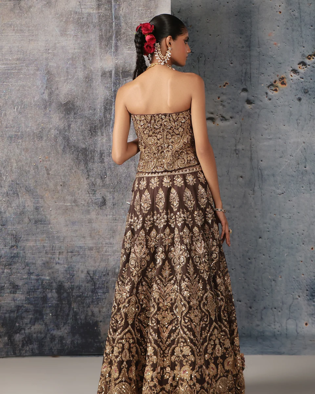 Niti Bothra - Zar-Rang Brown Corset Lehenga Set