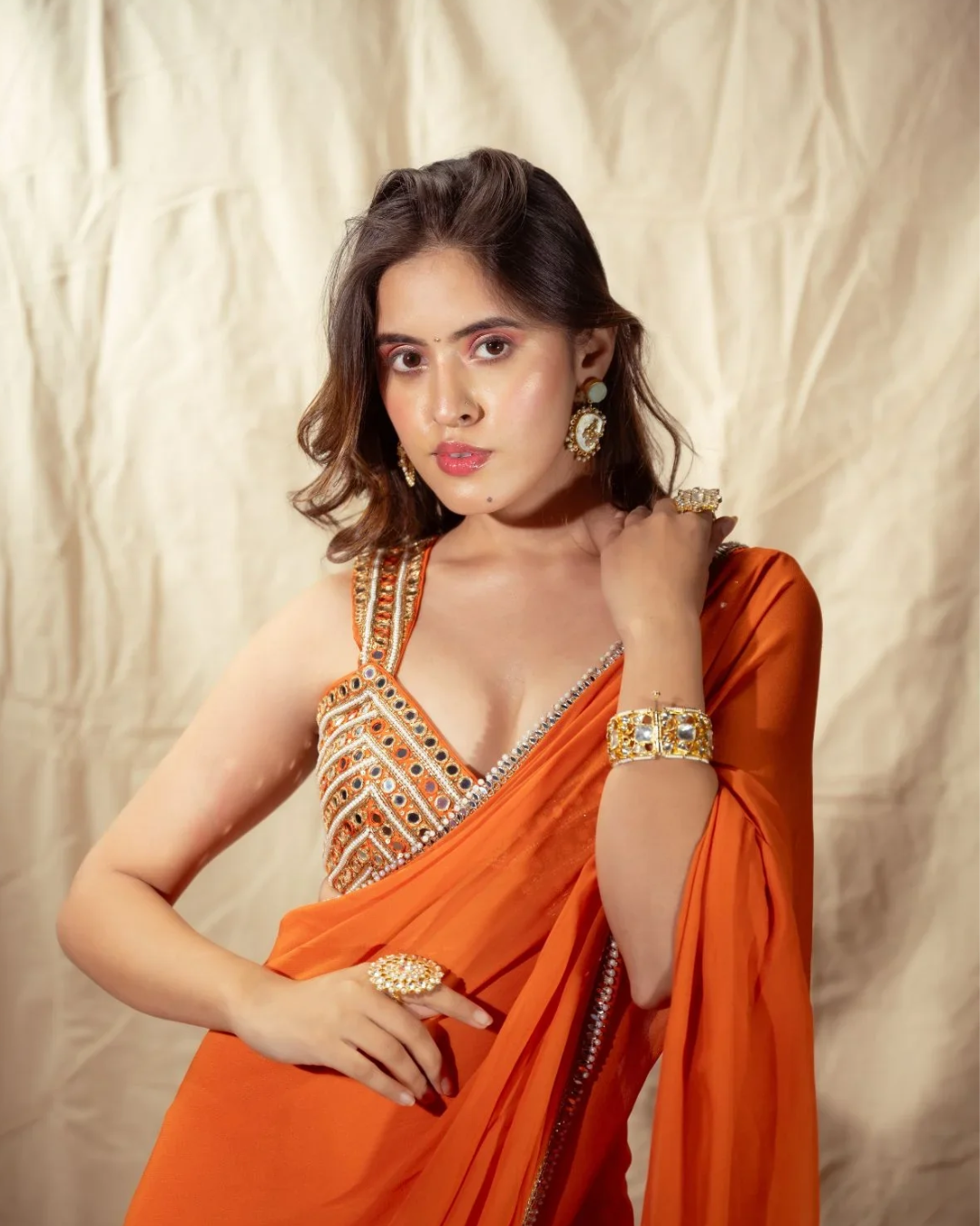 Anisha Shetty - Orange Prestitched Saree From Rangin