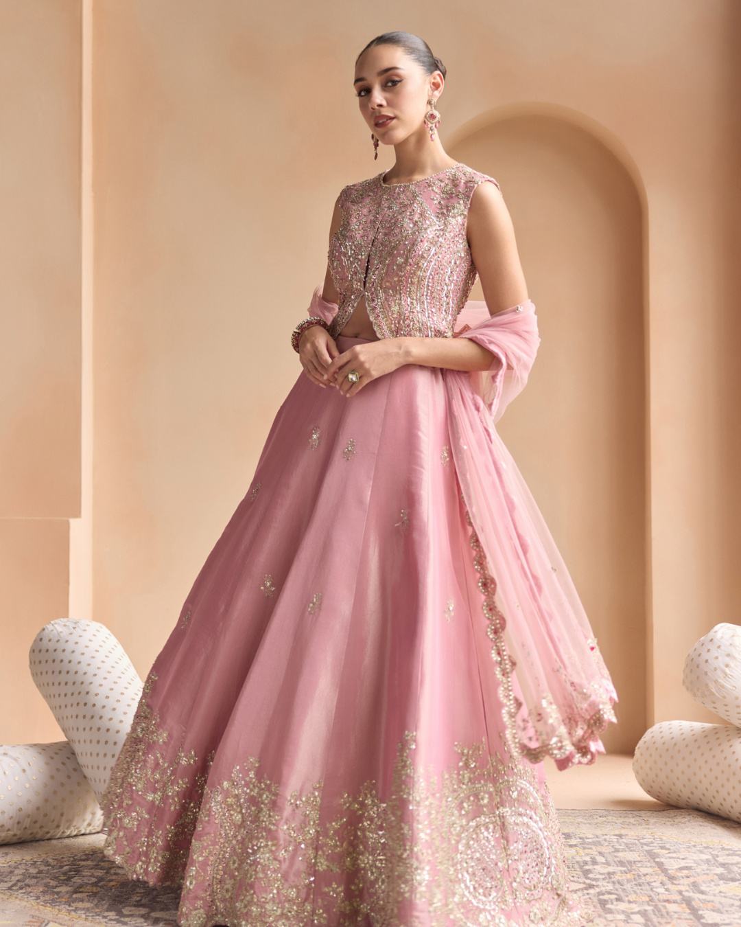 Osaa By Adarsh - Soft Berry Embroidered Tissue Lehenga Set From Off The Record
