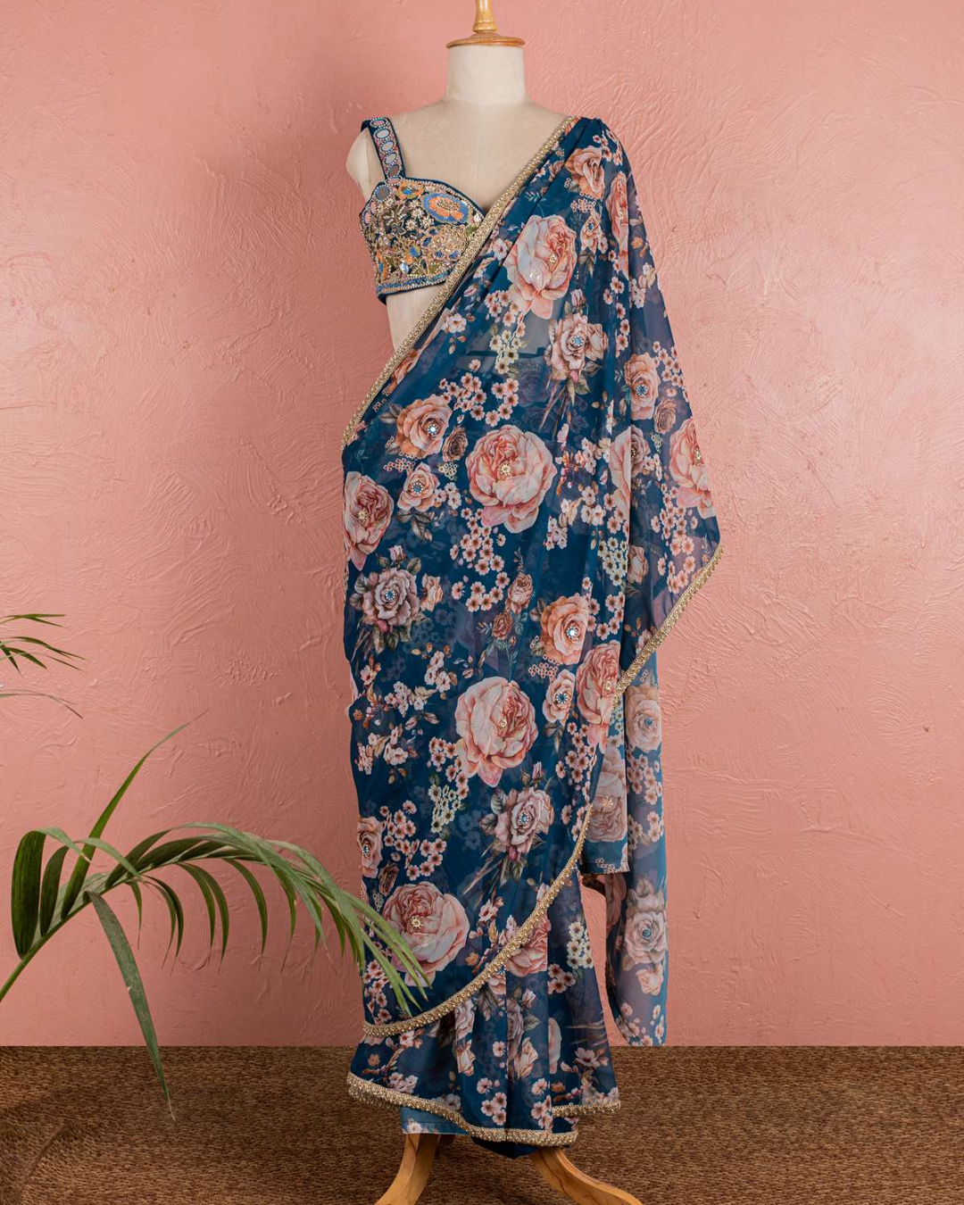 Anisha Shetty - Bahama Blue Floral Saree With Embroidered Blouse