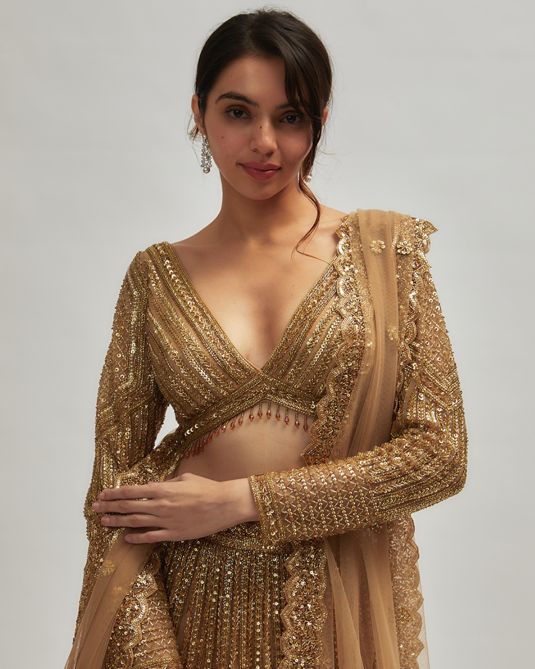 Isa by Dolly Wahal - Dark Gold Net Hand Embroidered Lehenga Set