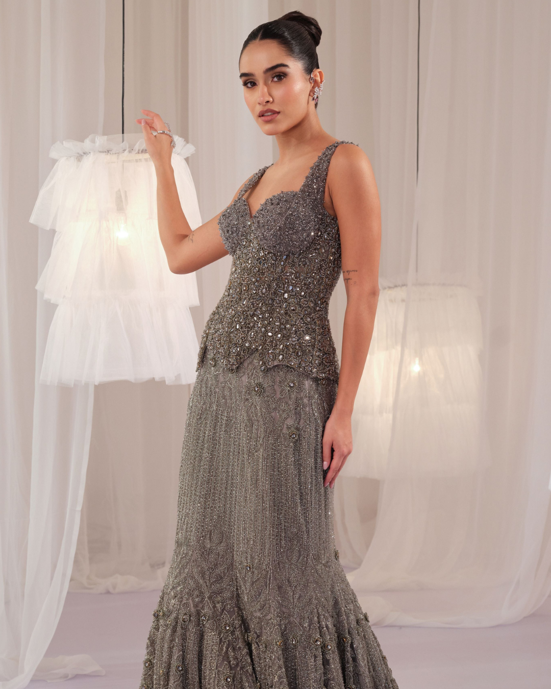 K&A By Karishma And Ashita - Stardust Grey Crystal Corset With Fishcut Lehenga From First Love