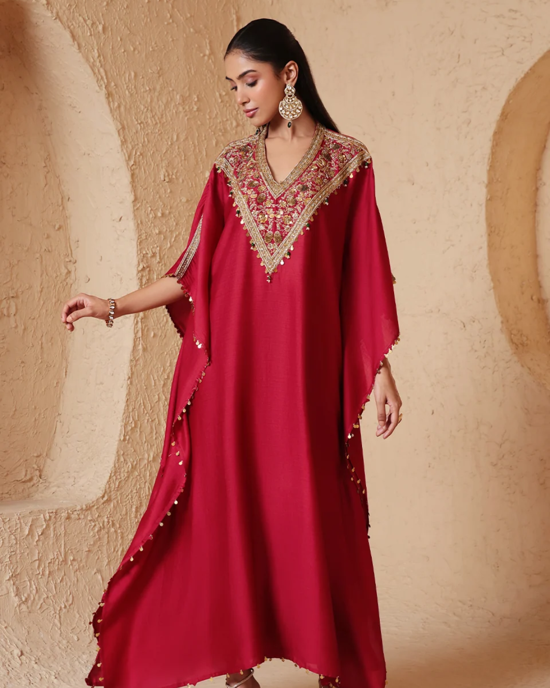 Niti Bothra - Zar-Rang Maroon V Neck Kaftan Set