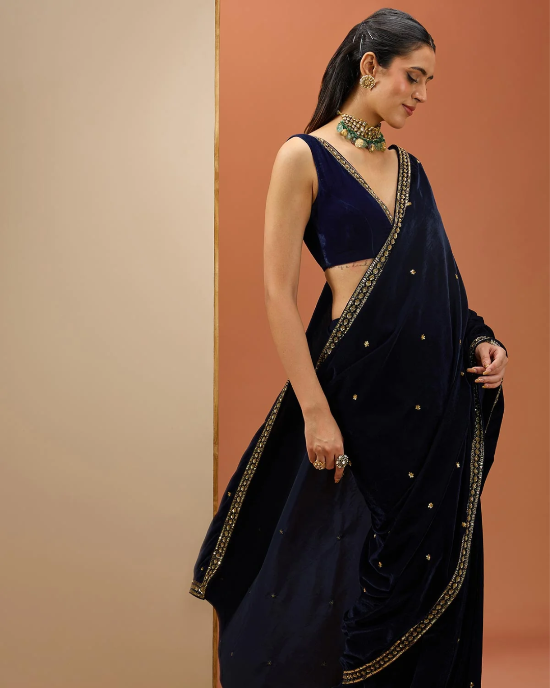 Esha Koul - Blue Velvet Saree Set From Noor