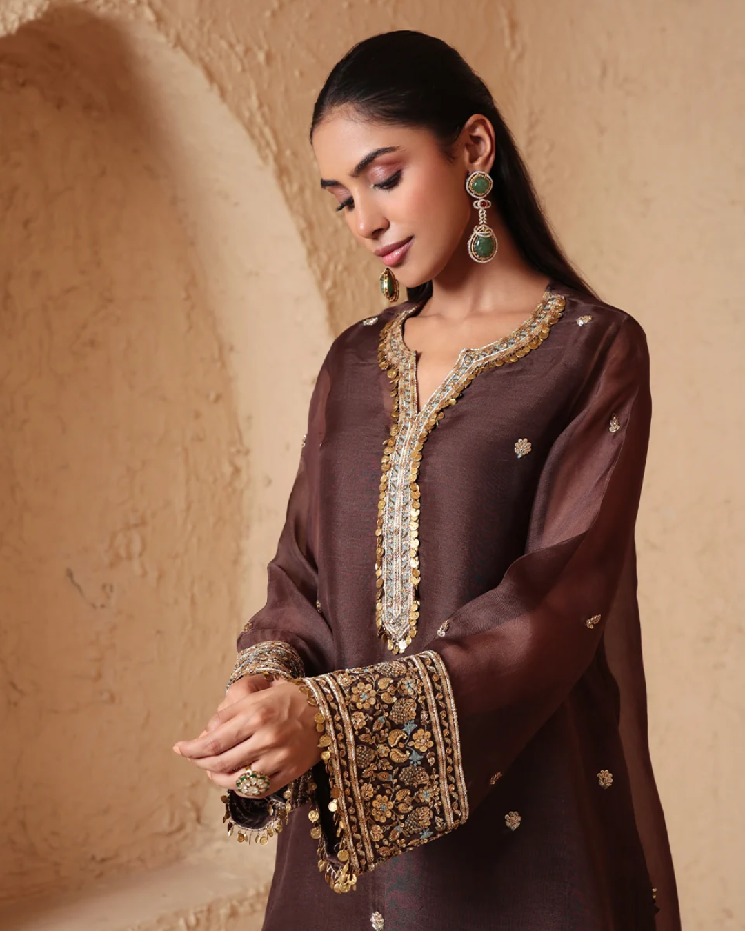 Niti Bothra - Zar-Rang Brown Short Kurta Set
