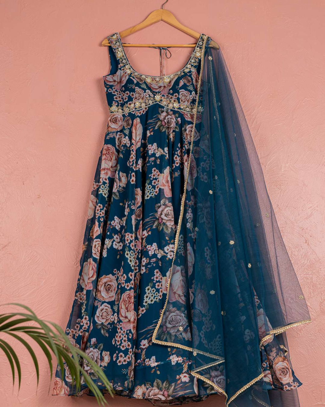 Anisha Shetty - Bahama Blue Floral Anarkali Set