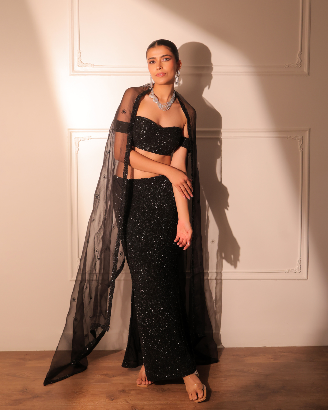Sonali Bansal - Black cocktail bustier and slit skirt with dupatta From Banno Ki Saheli