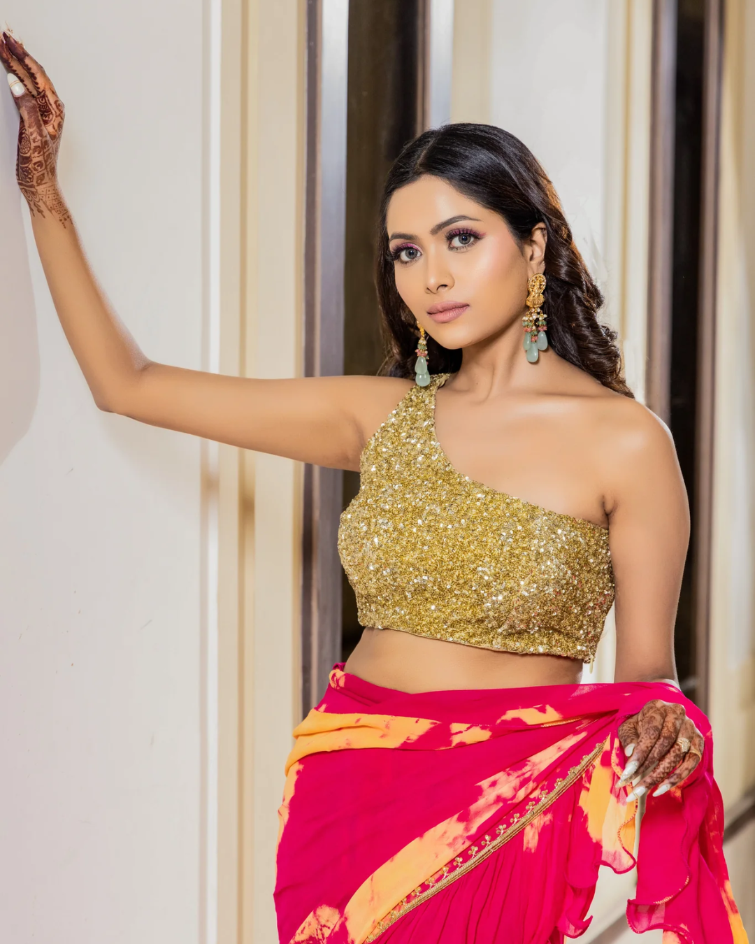 Sonali Bansal - Zareen -Rani pink tie and dye drape saree with gold sequin blouse From Phiroza