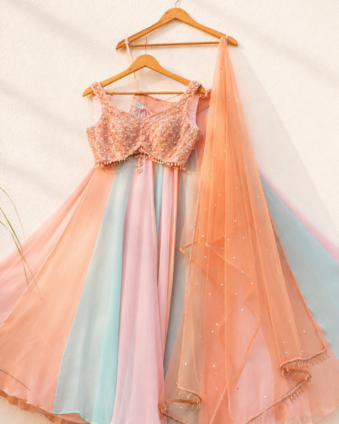 Anisha Shetty - Multicolour Lehenga With Peach Pearl And Sequence Blouse Set