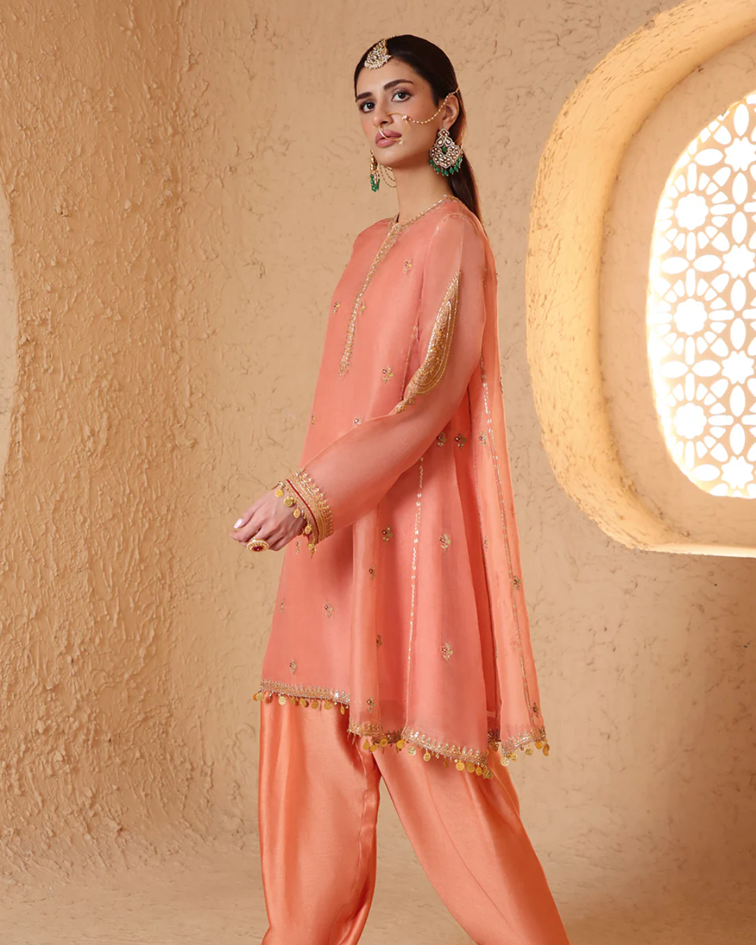 Niti Bothra - Mehrang Peach Short Pheran Kurta Set
