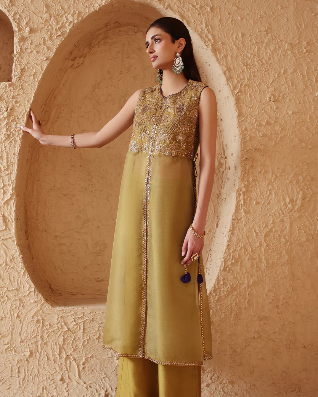 Niti Bothra - Mehrang Olive Green Tie-up Sleeveless Kurta Set
