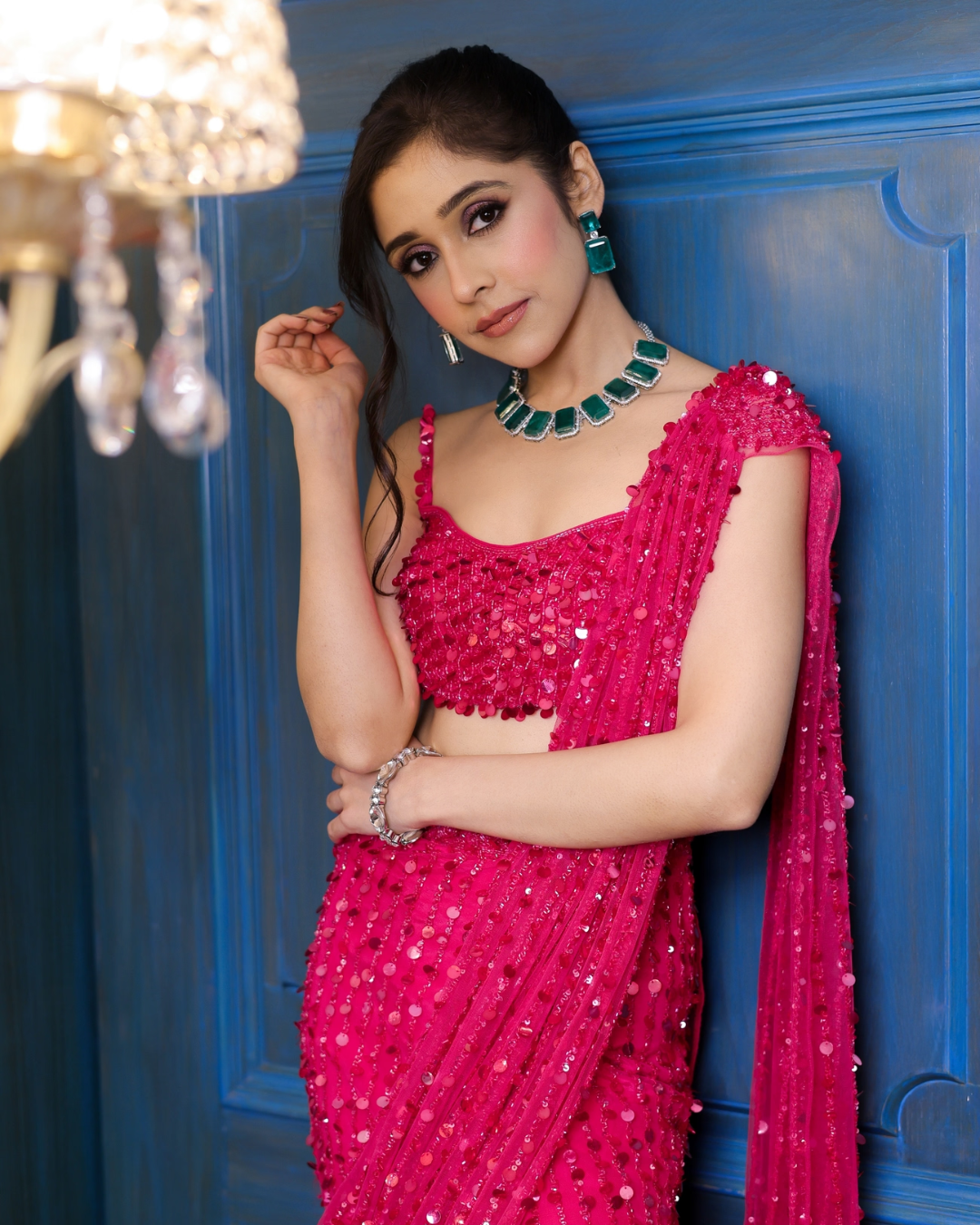 Isa by Dolly Wahal - Hot Pink Sequin Saree From Fiori