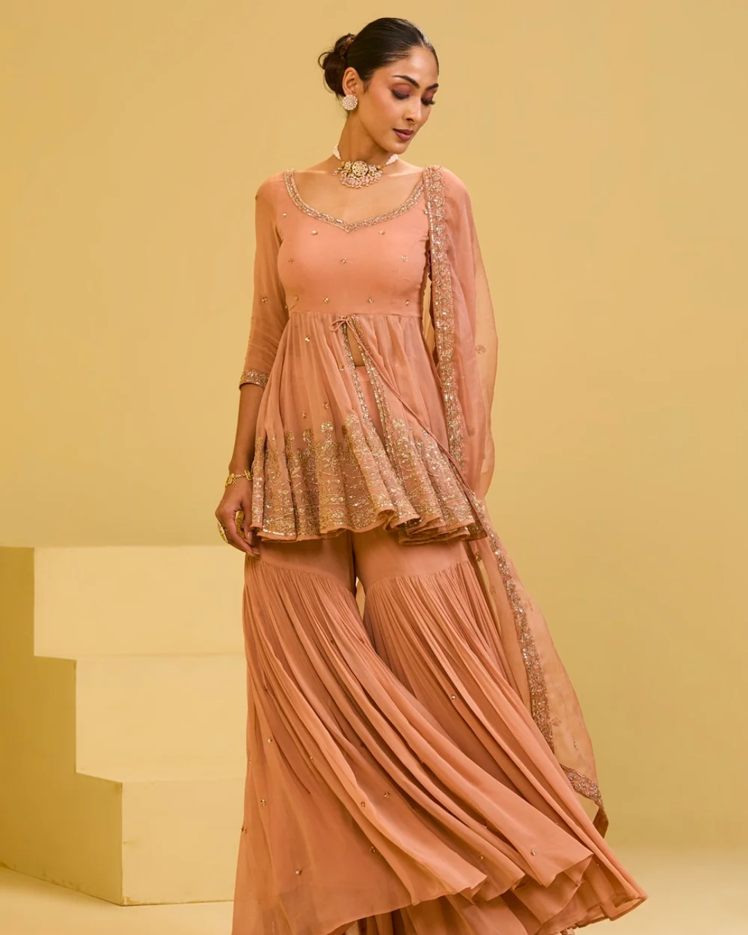 Esha Koul - Peach Front Cut Peplum Set From Naaz