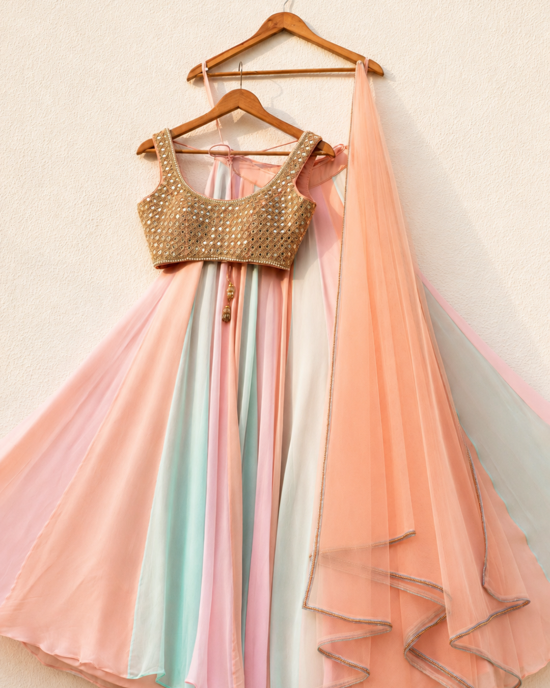Anisha Shetty - Multicolour Lehenga With Peach Mirror Blouse Set