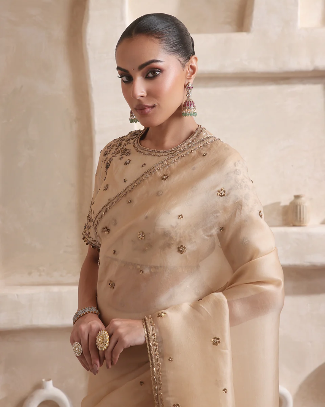 Niti Bothra - Zar-Rang Ivory Buti Saree Set