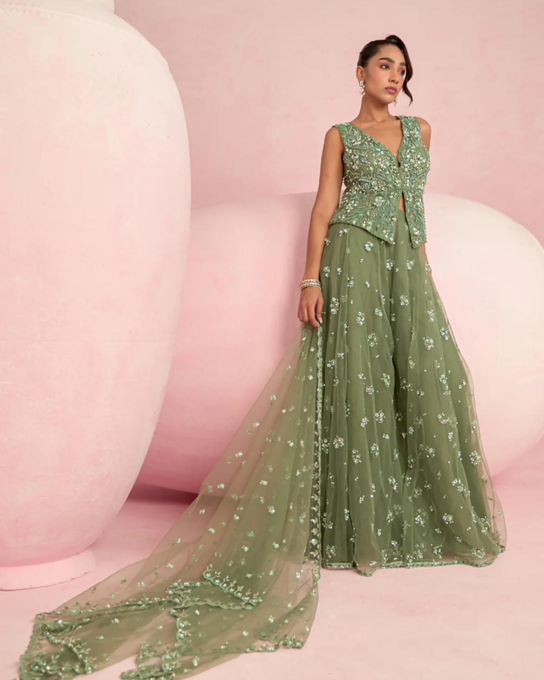 Prevasu - Sage Green Sharara Set From Solene