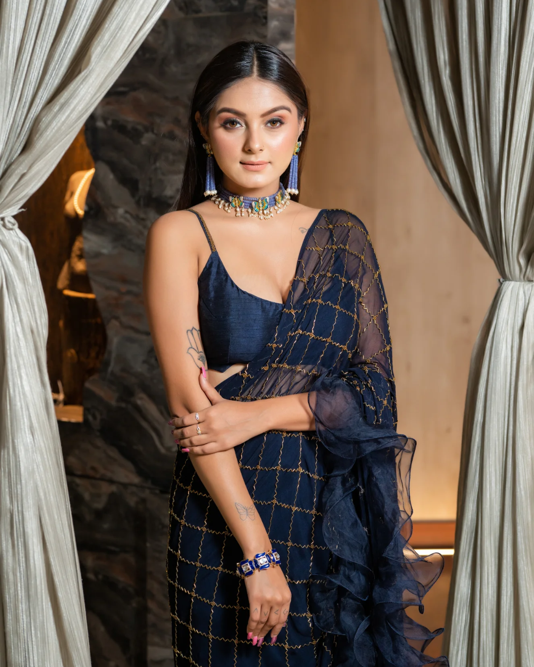Sonali Bansal - Navy blue drape saree with ruffles and blouse From Romanticise