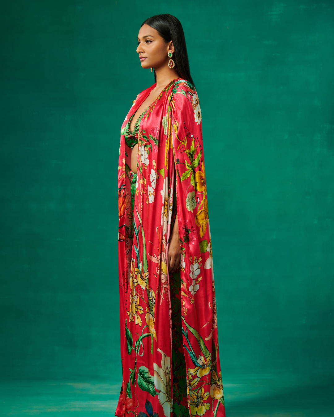 Sonali Bansal - Pink cape with green bustier and pants From Bageecha