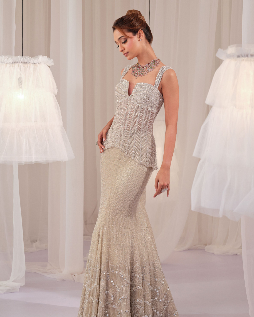 K&A By Karishma And Ashita - Silver Starlight Corset With Fishcut Lehenga From First Love