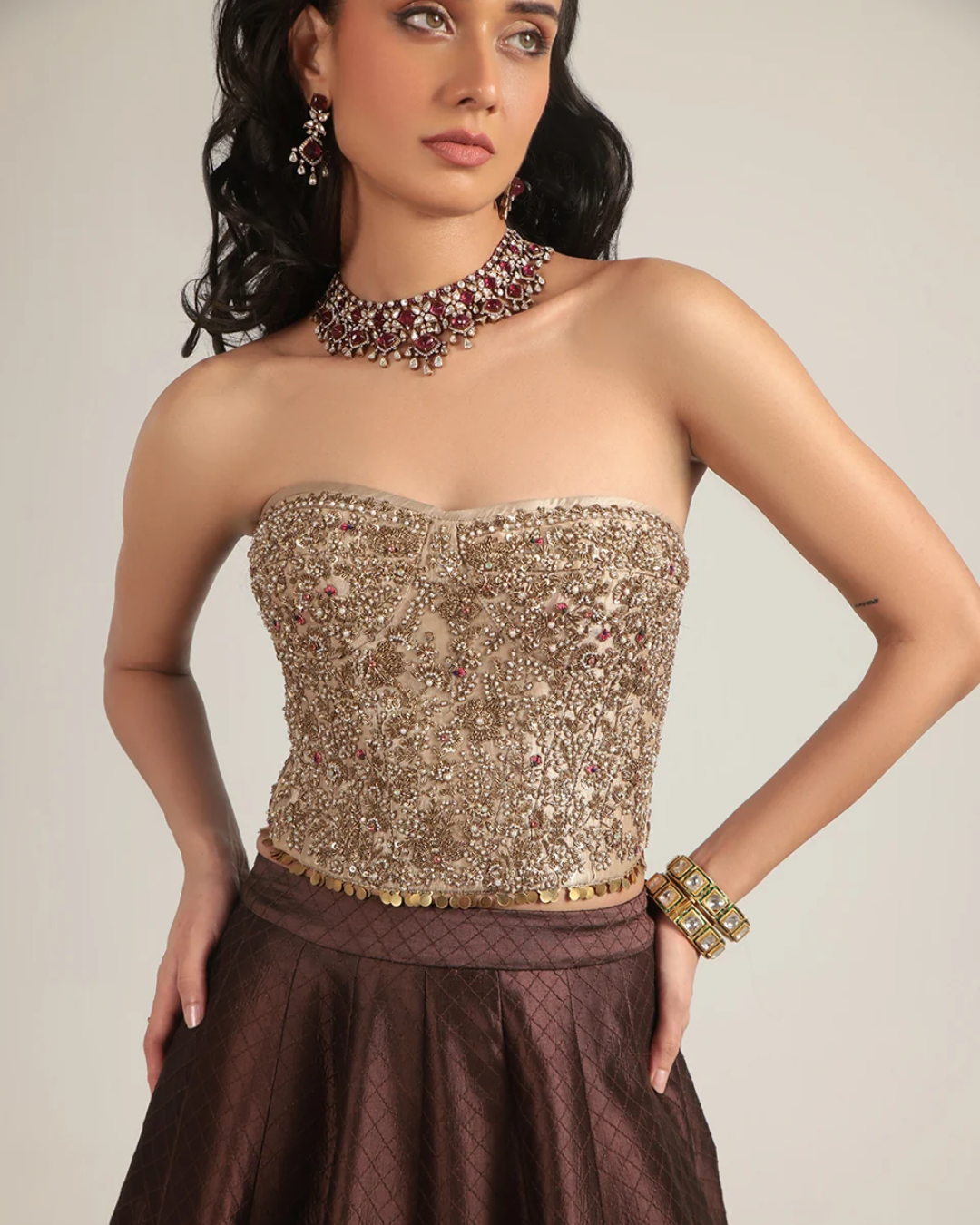 Niti Bothra - Zar-Rang Brown Corset Quilted Lehenga Set