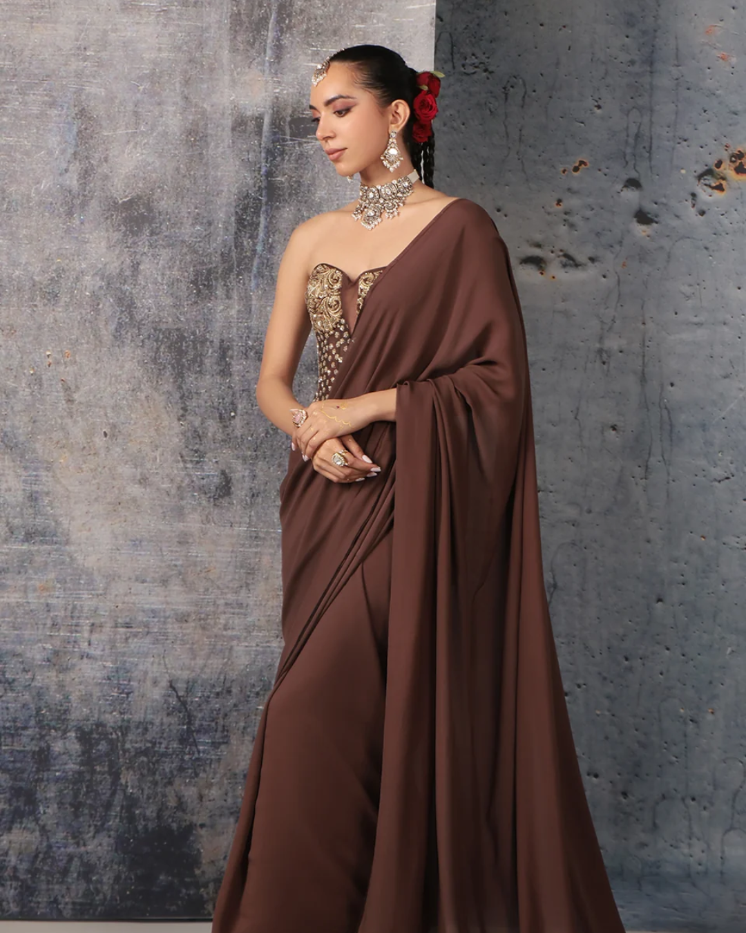 Niti Bothra - Zar-Rang Brown Corset Saree Set