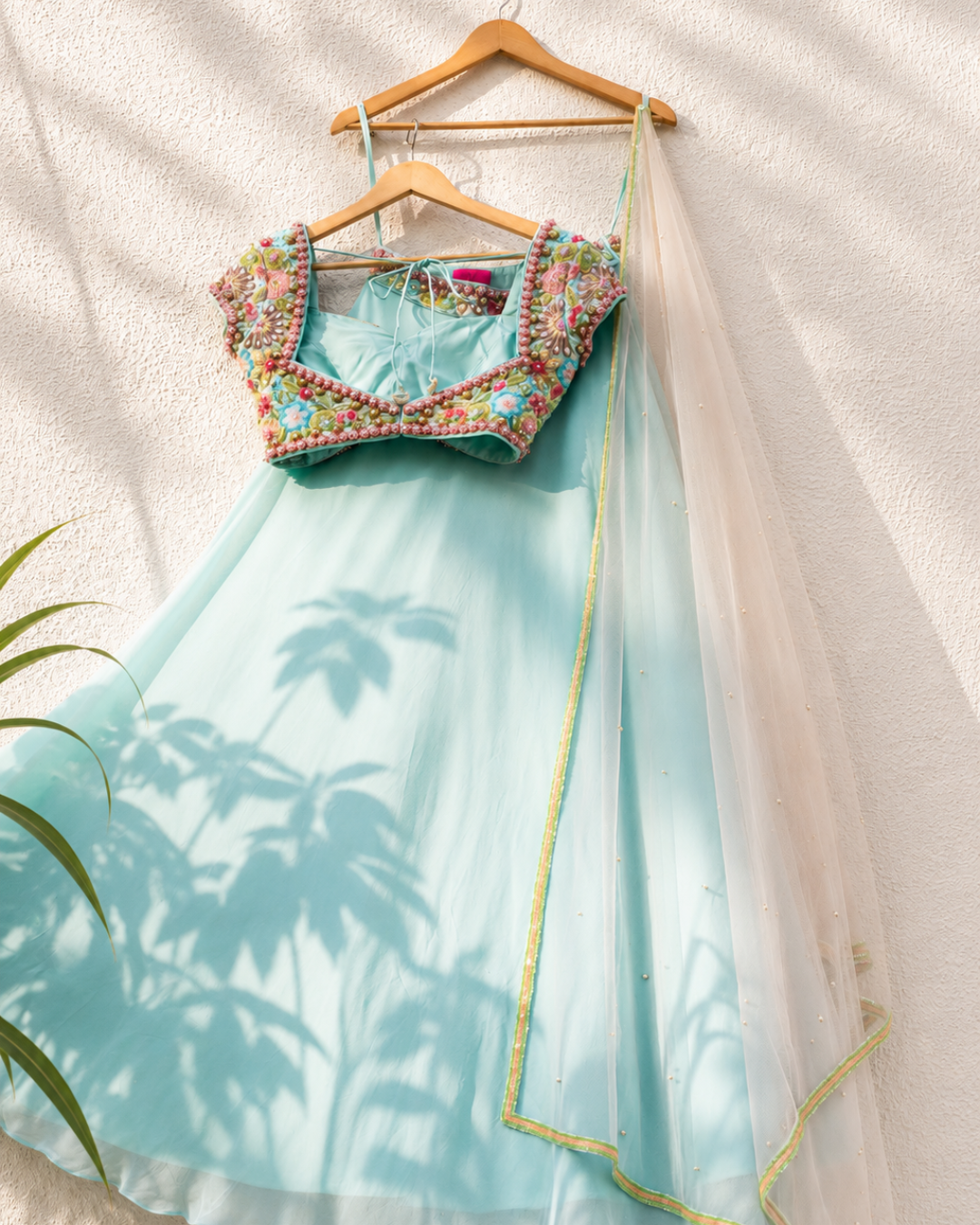 Anisha Shetty - Sky Blue Goergette Lehenga With Colored Emb Blouse And Pink Dupatta