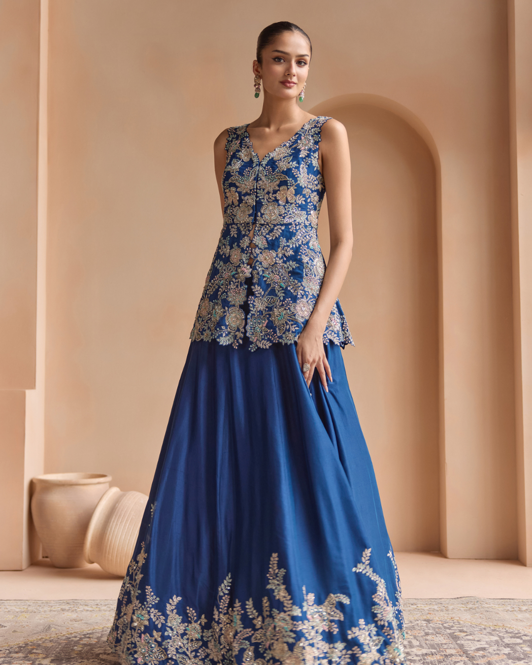 Osaa By Adarsh - French Navy Embroidered Peplum Lehenga Set From Off The Record