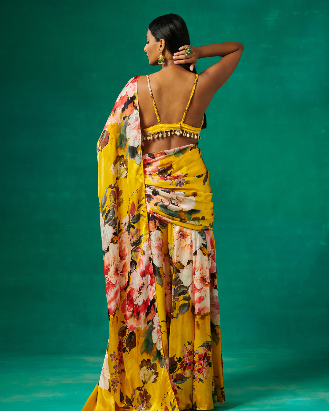 Sonali Bansal - Surajmukhi Yellow floral print blouse with flared sharara and drape attached to it From Bageecha