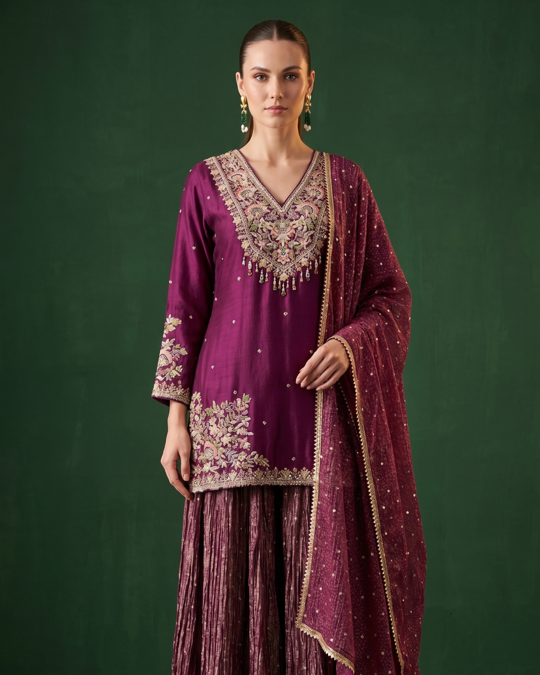 Basanti Kapde Aur Koffee - Imperial Plum Embroidered Sharara Set From Suits & Shararas