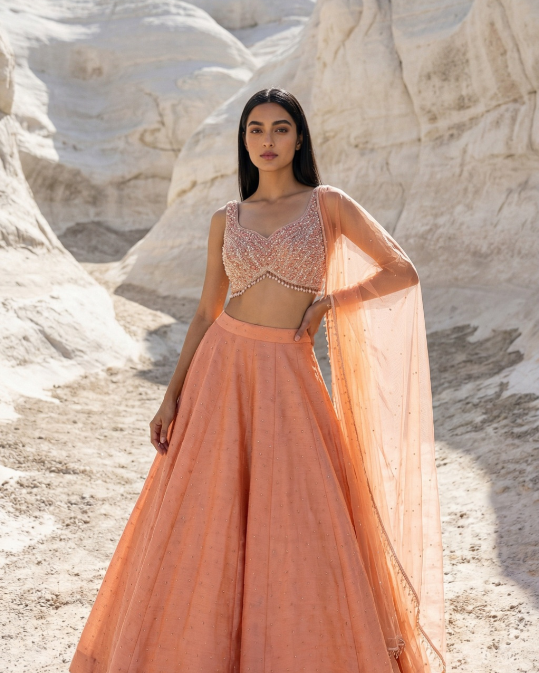 Anisha Shetty - Peach Stonework Lehenga With Peach Sequin Blouse Set