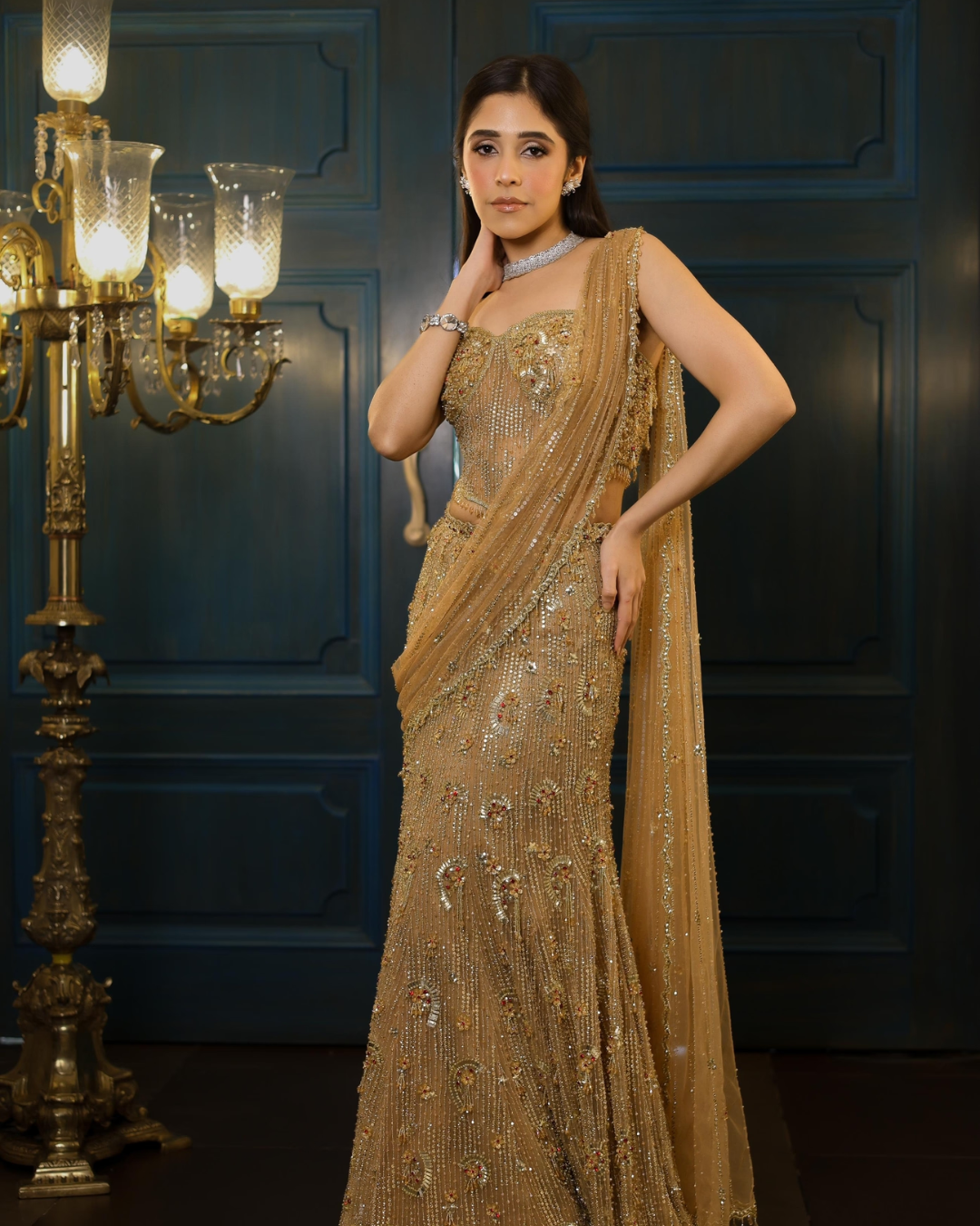 Isa by Dolly Wahal - Gold Corset Saree From Fiza