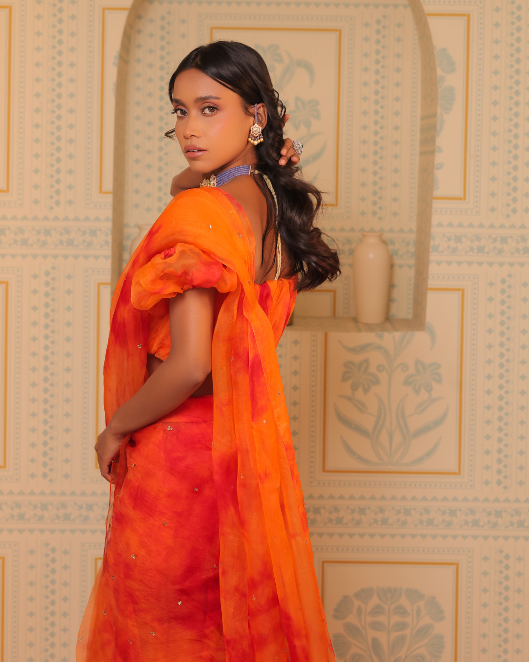 Sonali Bansal - Orange tiedye drape saree with blouse From Banno Ki Saheli