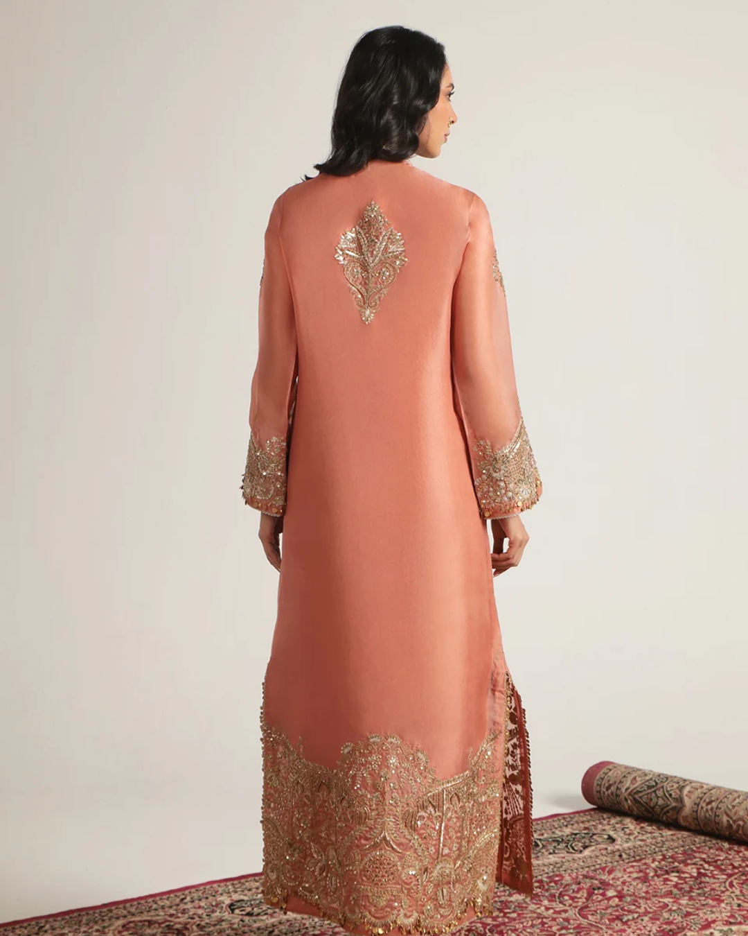 Niti Bothra - Zar-Rang Peach Heavy Jaal Kaftan Set