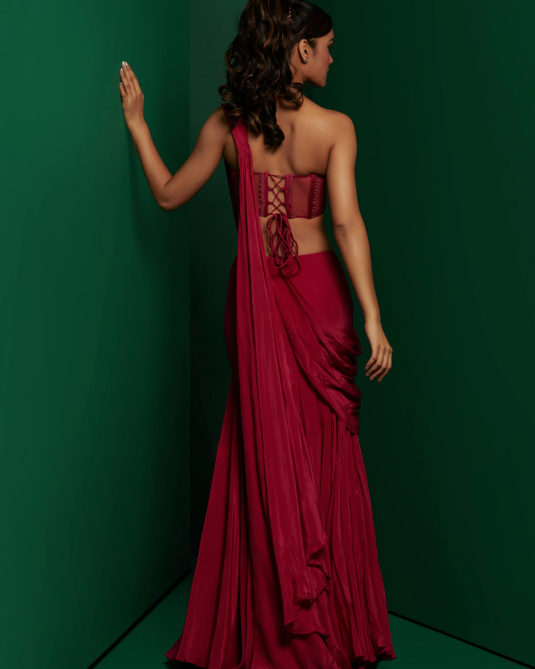 K&A by Karishma and Ashita - Fuchsia Pink corset with drape skirt and embellished cape From Barre Oblique