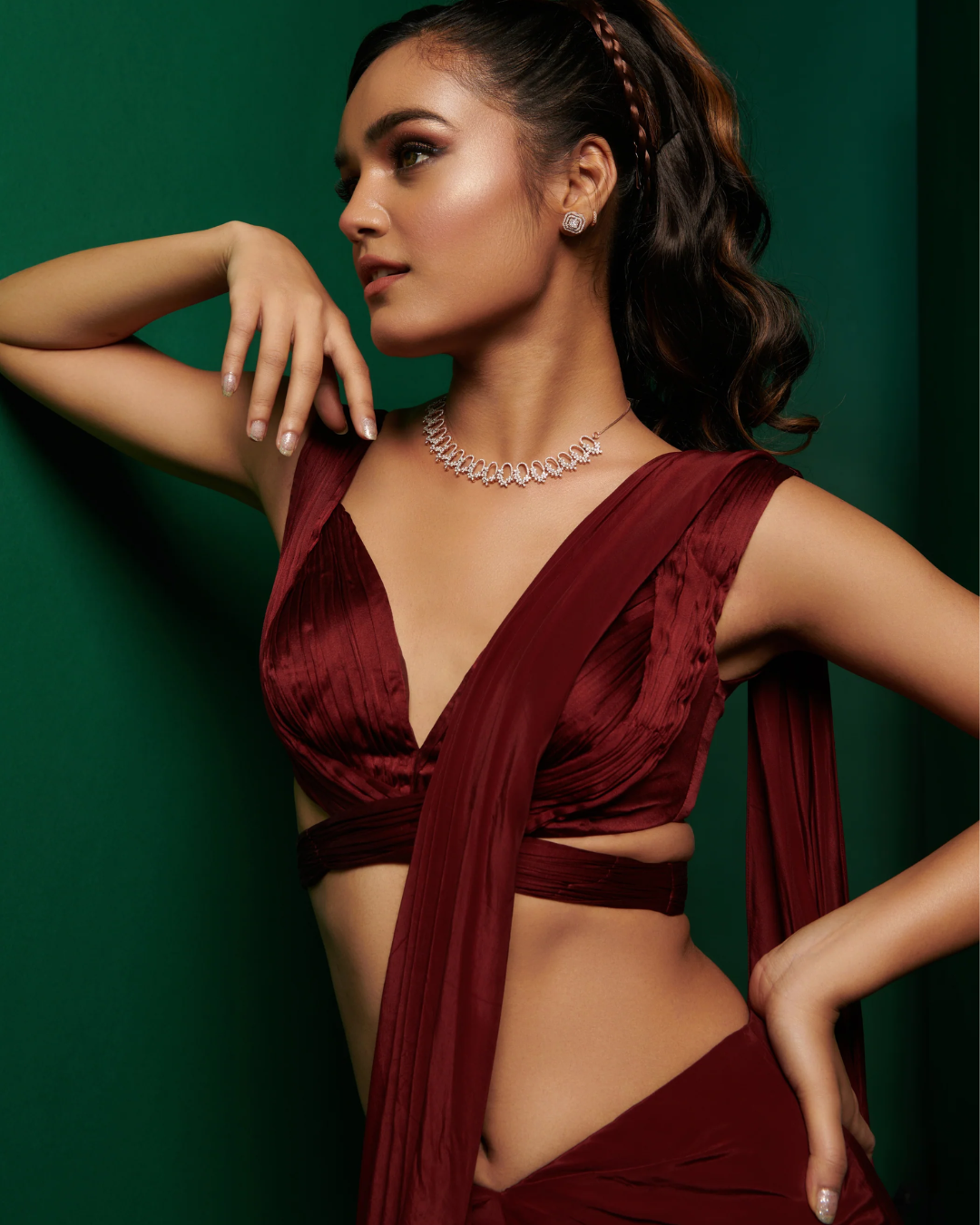 K&A by Karishma and Ashita - Dark maroon cross body blouse with drape saree and embellished cape From Barre Oblique